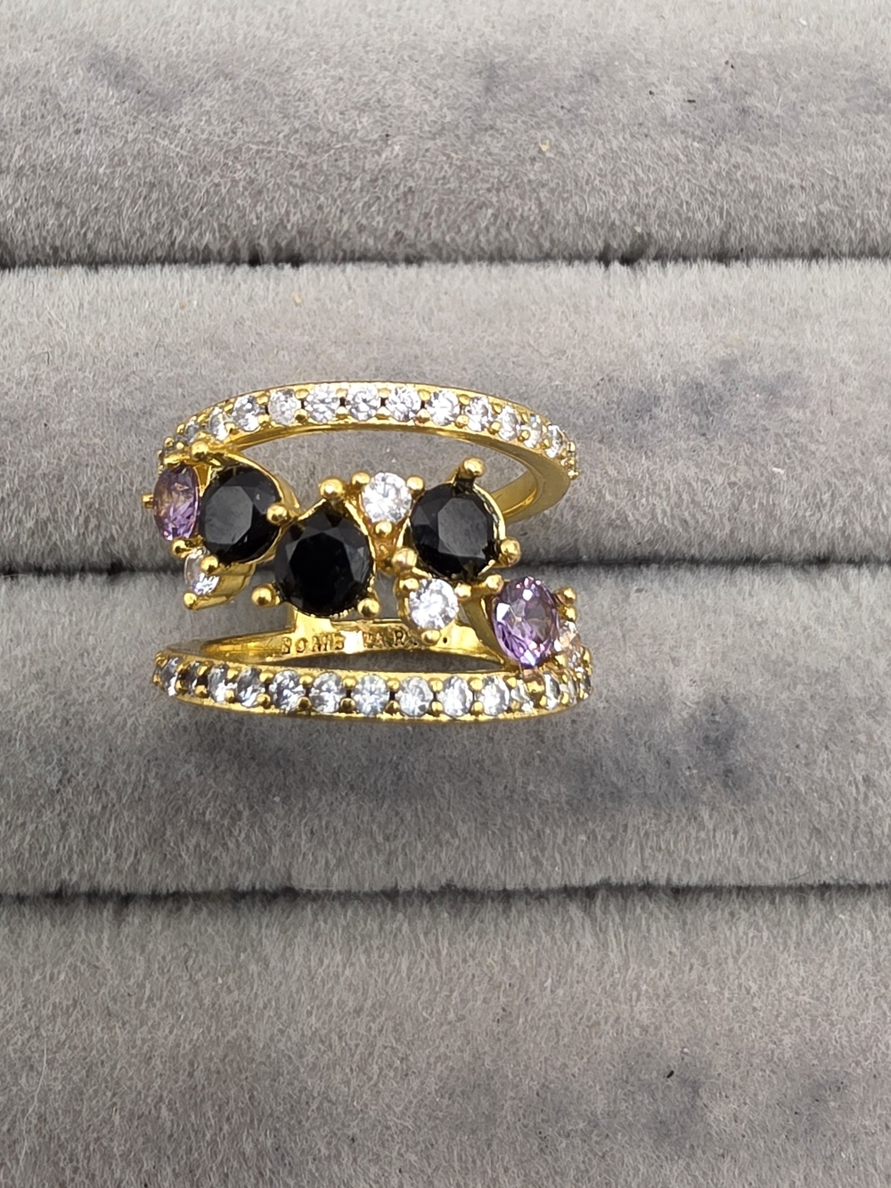 Gold-Tone Multi-Stone Women’s Ring Size 5 with Black and Purple Accents